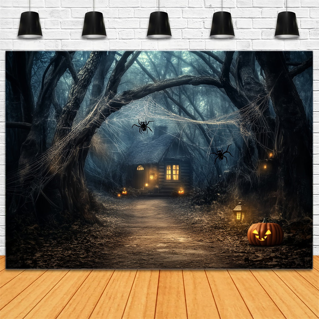Gruseliger Wald mit Kürbislaterne, Spukhütte, Halloween-Wald-Foto Hintergrund LXX58-272