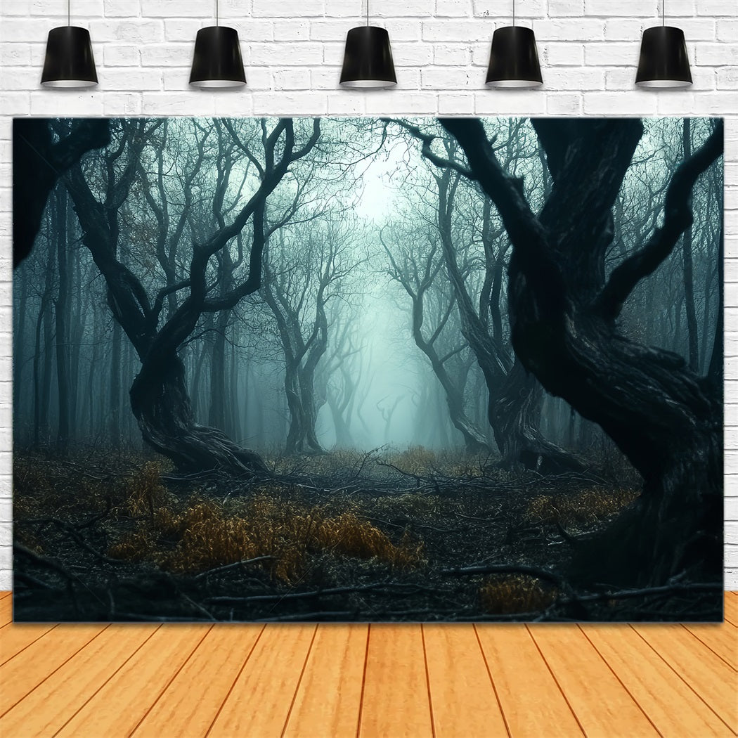 Gruseliger Wald Verdrehte dunkle Nebelbäume Waldfotografie-Foto Hintergrund LXX58-273