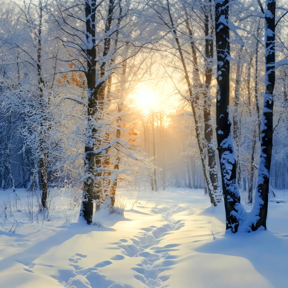 Winterlicher verschneiter Wald Goldener Sonnenaufgang Schneeweg Verschneiter Wald Foto Hintergrund LXX58-278