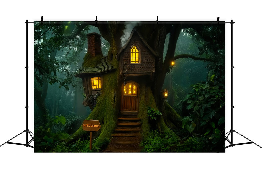 Dunkler, unheimlicher Wald mit skurriler Baumhütte und Laternenlicht Gruselige Waldkulisse LXX58-283