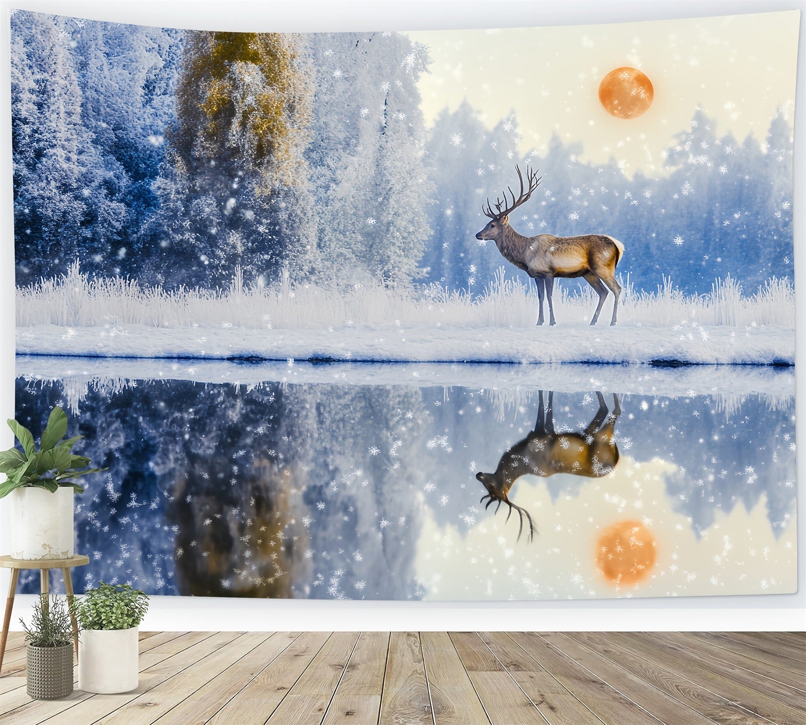 Verzauberter Wald Schneefall Hirsch Sonnenaufgang Reflexion Magischer Wald Foto Hintergrund LXX58-289