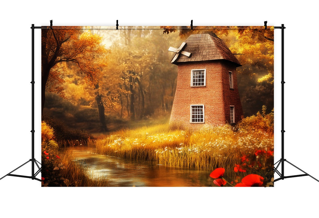 Herbstwald Herbstwindmühle Goldener Fluss Fantasiewald-Foto Hintergrund LXX58-295