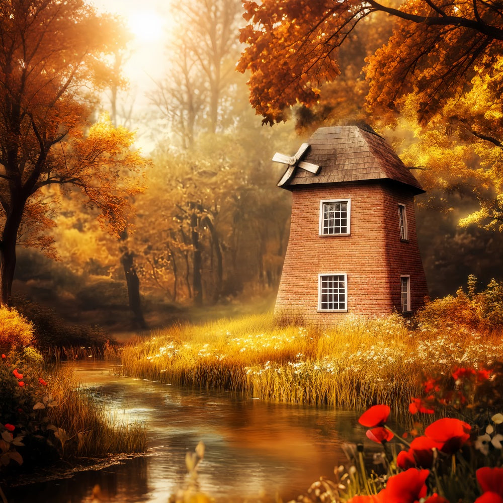 Herbstwald Herbstwindmühle Goldener Fluss Fantasiewald-Foto Hintergrund LXX58-295