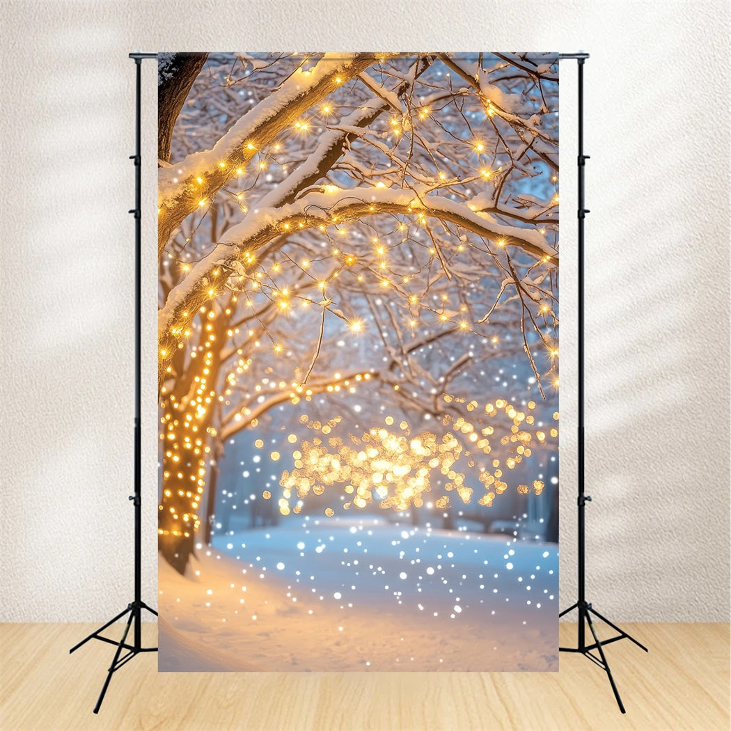 Nachtwald Verschneiter Weg Goldene Lichter Winterwald Foto Hintergrund LXX58-305