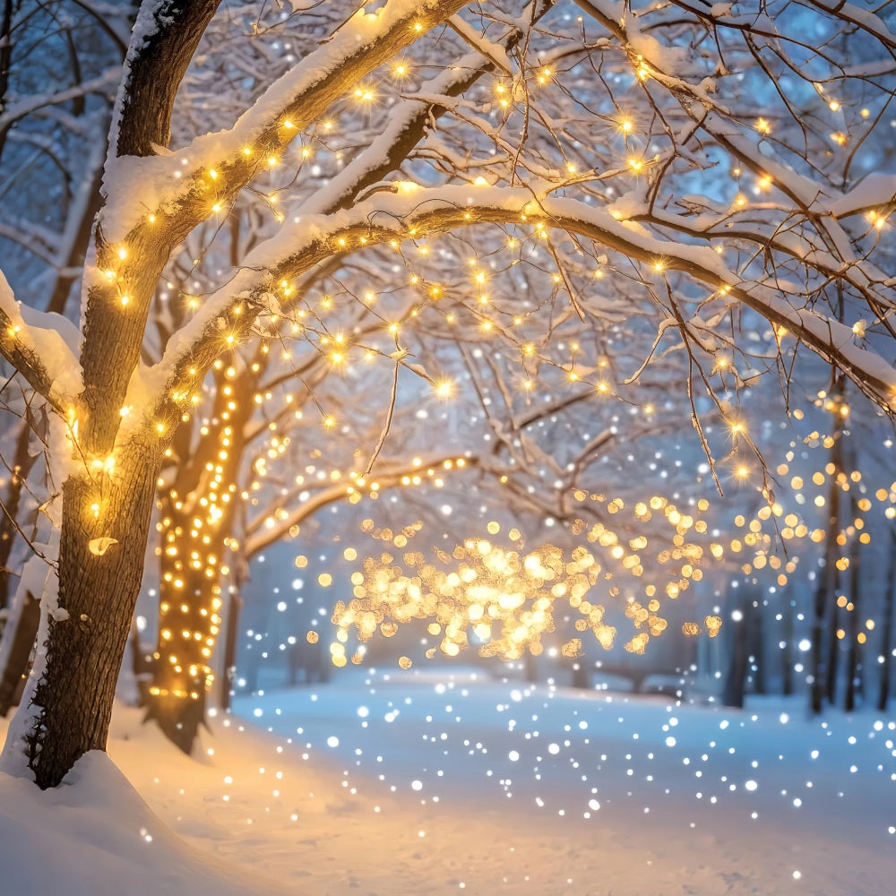 Nachtwald Verschneiter Weg Goldene Lichter Winterwald Foto Hintergrund LXX58-305