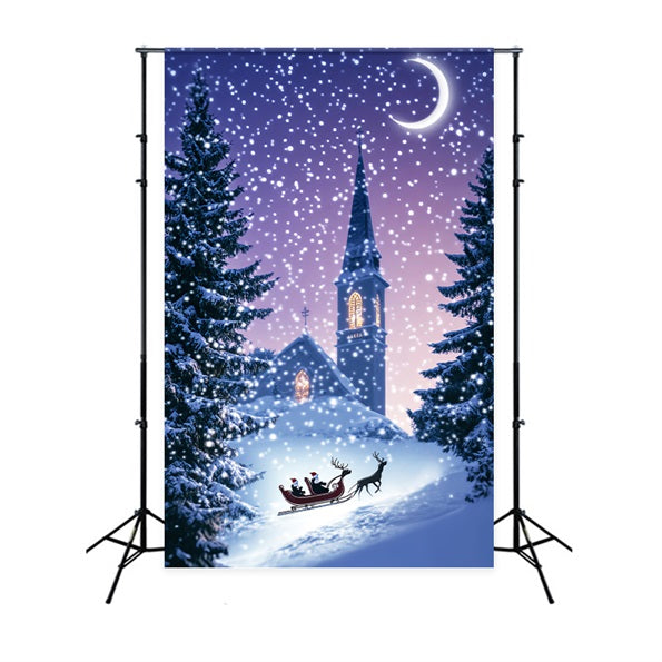 Kiefern Weihnachtswald Kirche Schlitten Winternacht Verschneiter Wald Foto Hintergrund LXX58-306