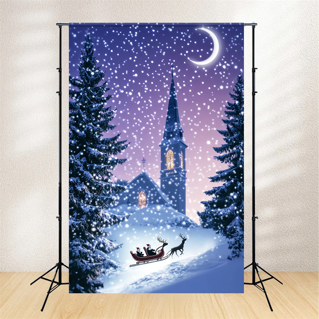 Kiefern Weihnachtswald Kirche Schlitten Winternacht Verschneiter Wald Foto Hintergrund LXX58-306