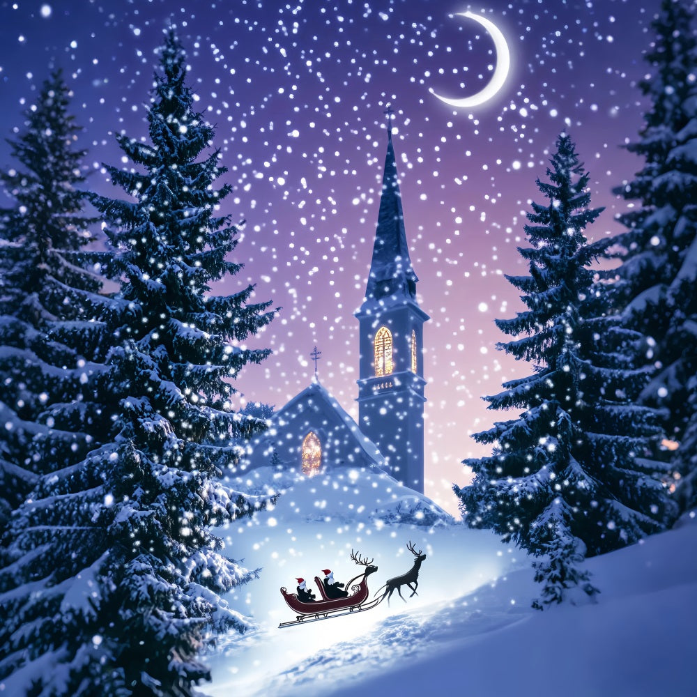 Kiefern Weihnachtswald Kirche Schlitten Winternacht Verschneiter Wald Foto Hintergrund LXX58-306