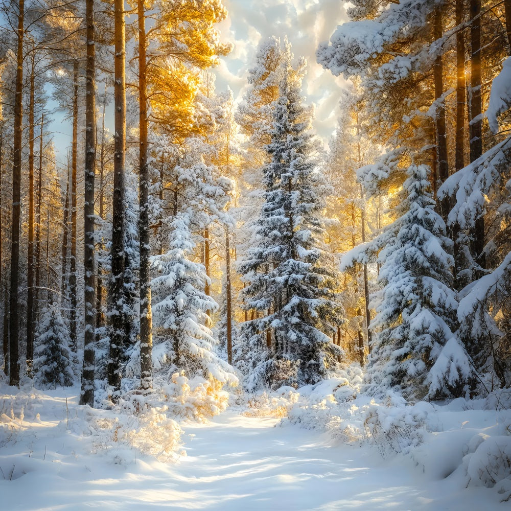 Weihnachtskiefernwald Frostige Bäume Goldener Schein Waldfotografie-Foto Hintergrund LXX58-309