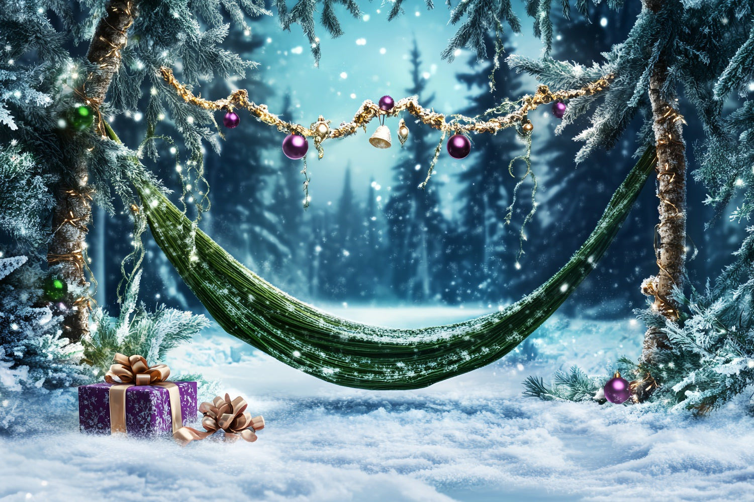 Kiefern-Weihnachtswald Winterhängematte Geschenkornamente Wald Foto Hintergrund LXX58-311