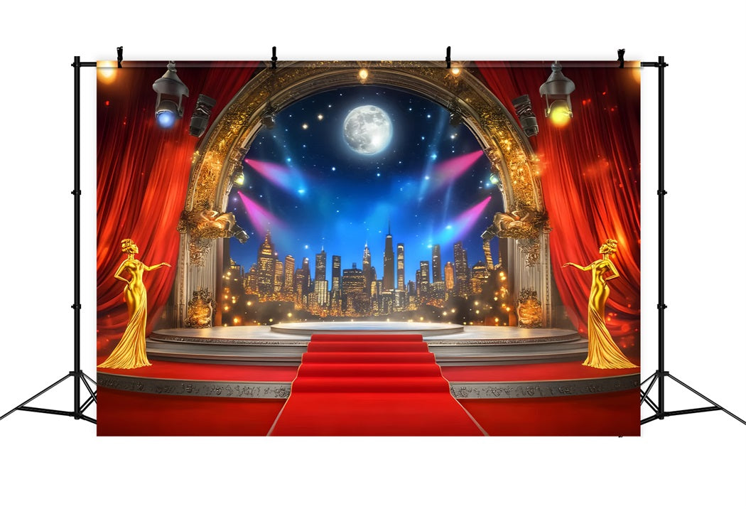 Oscar-Foto Hintergrund Goldene Bühne Mondschein Skyline Bühne Roter Teppich Foto Hintergrund LXX58-317
