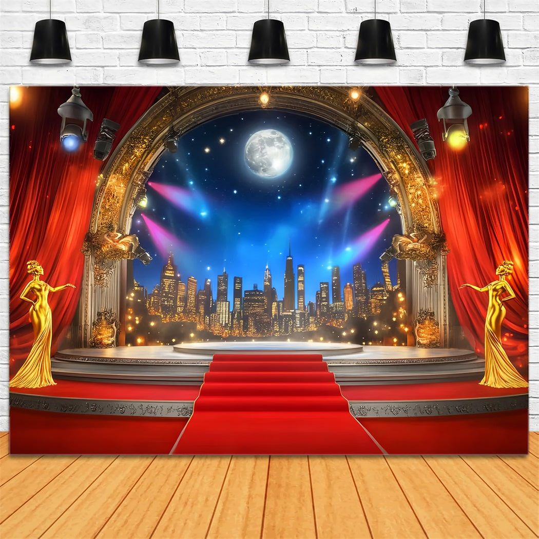 Oscar-Foto Hintergrund Goldene Bühne Mondschein Skyline Bühne Roter Teppich Foto Hintergrund LXX58-317
