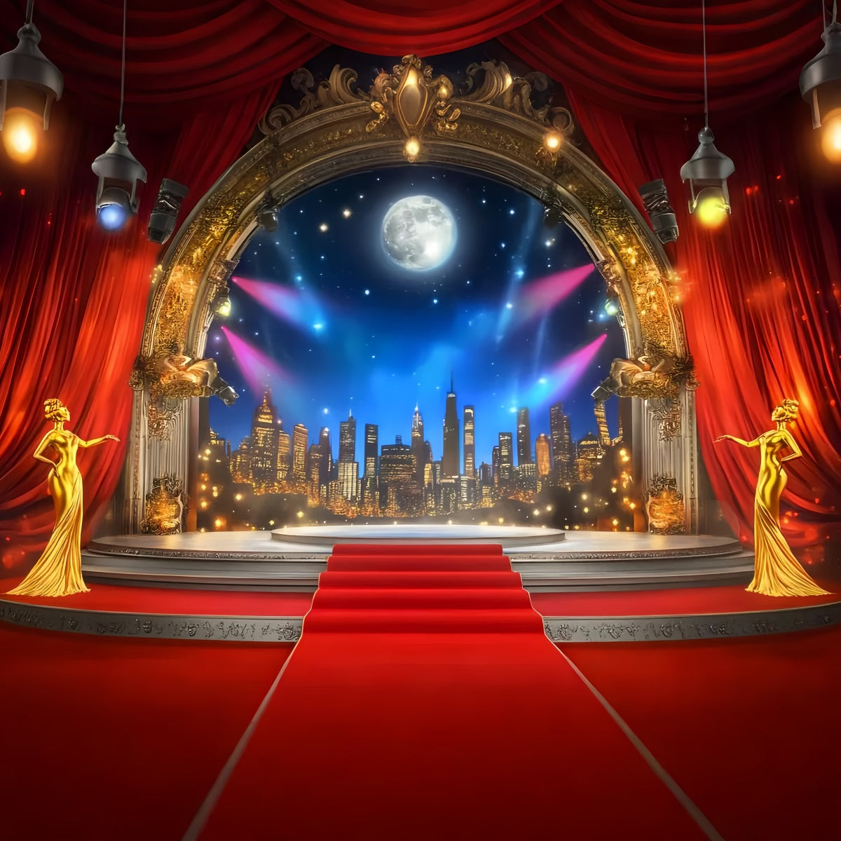 Oscar-Foto Hintergrund Goldene Bühne Mondschein Skyline Bühne Roter Teppich Foto Hintergrund LXX58-317