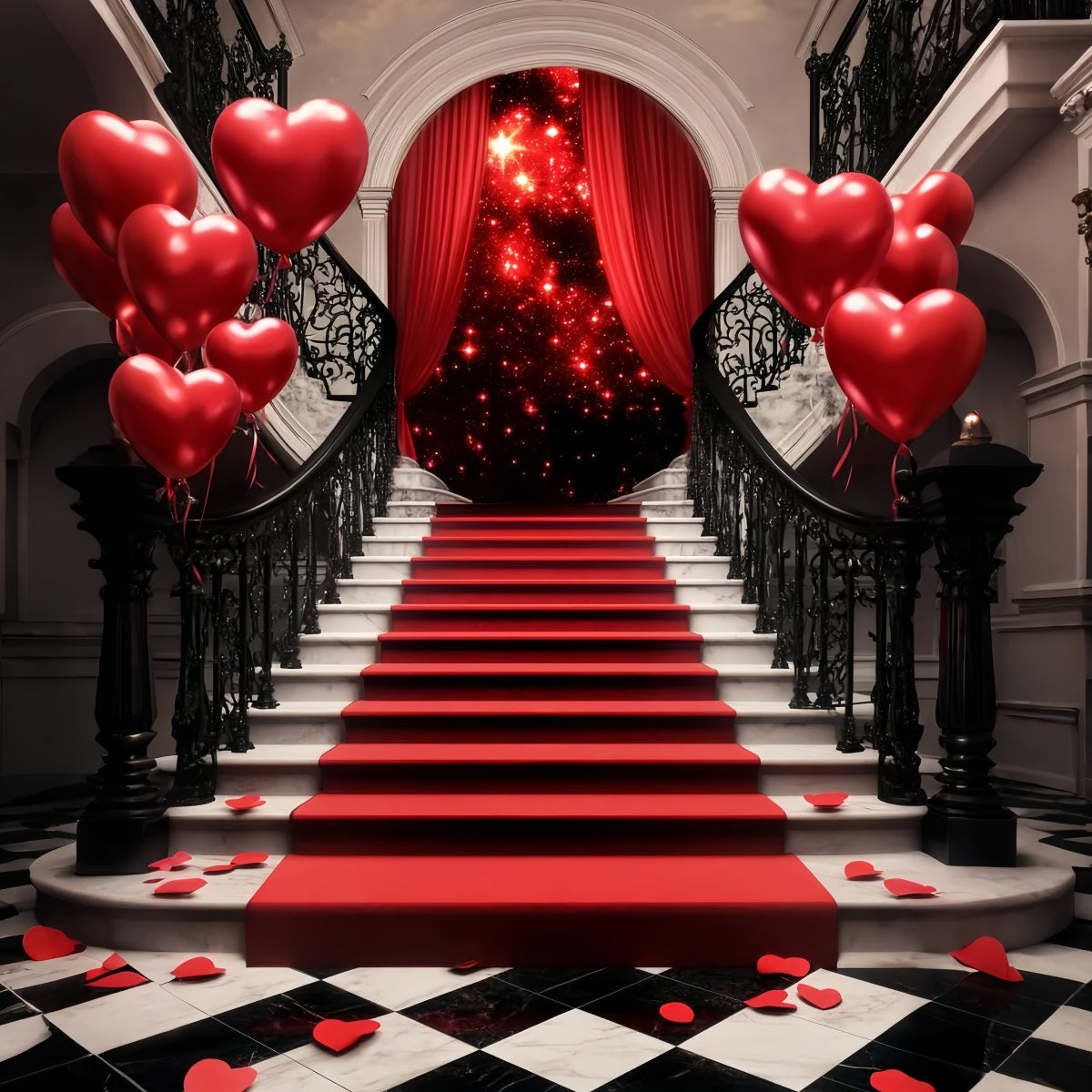 Oscar-Foto Hintergrund Romantische Treppe Herzballons Roter Teppich Bühnen Foto Hintergrund LXX58-319