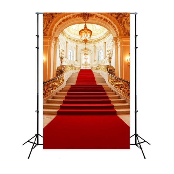 Roter Teppich als Foto Hintergrund Königlicher goldener Kronleuchter Treppenhaus-Bühnen Foto Hintergrund LXX58-334