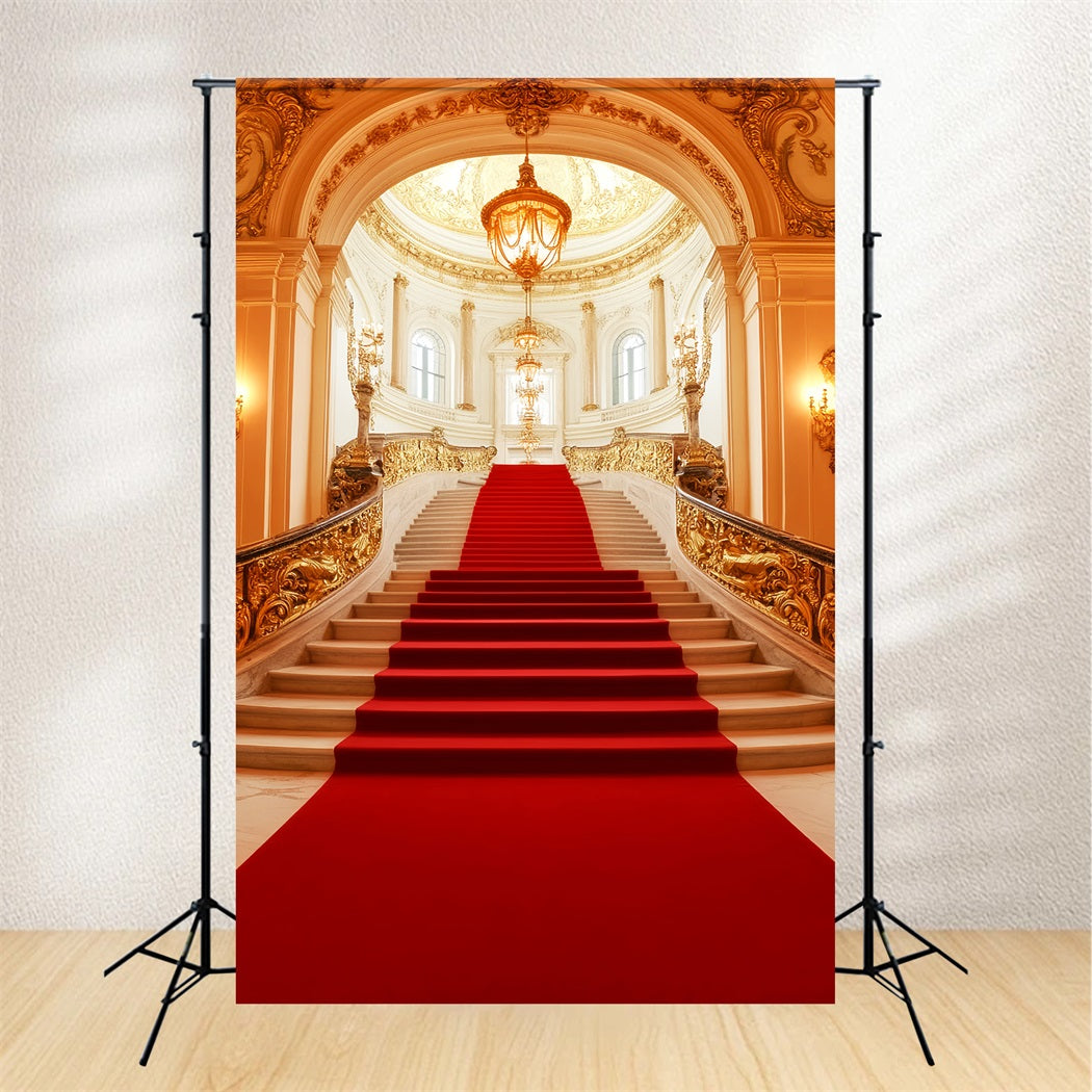 Roter Teppich als Foto Hintergrund Königlicher goldener Kronleuchter Treppenhaus-Bühnen Foto Hintergrund LXX58-334