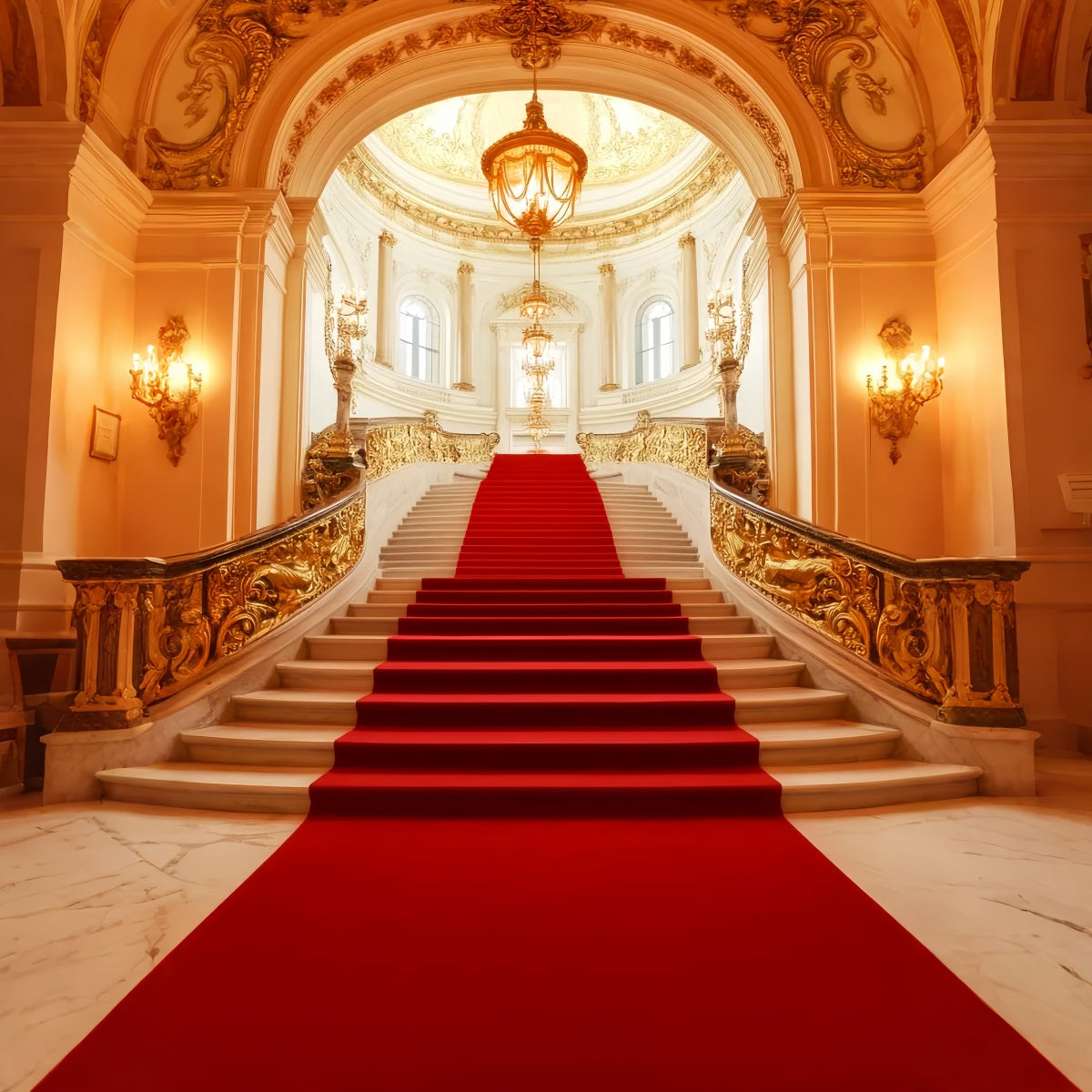 Roter Teppich als Foto Hintergrund Königlicher goldener Kronleuchter Treppenhaus-Bühnen Foto Hintergrund LXX58-334