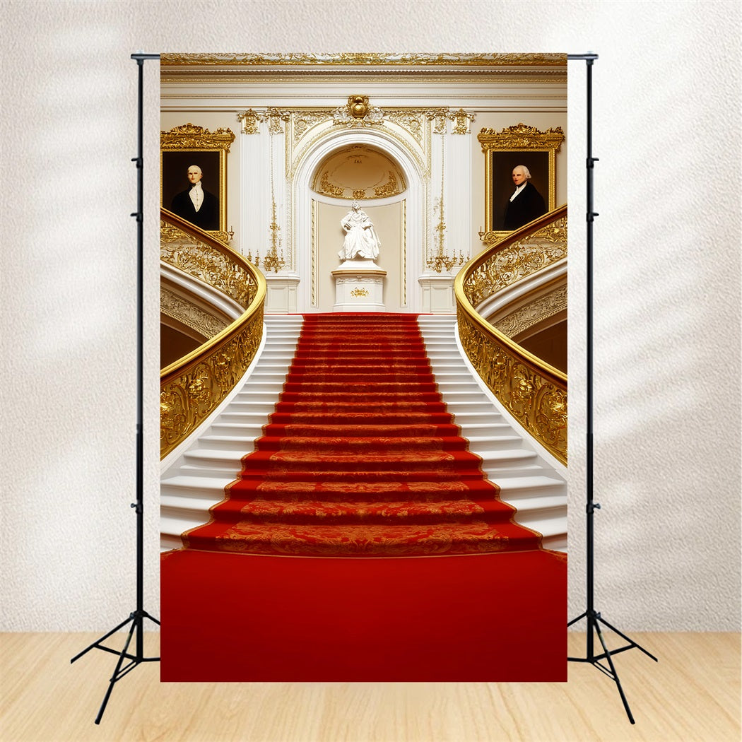Roter Teppich als Foto Hintergrund Klassische königliche Statue Treppenhaus Bühnen Foto Hintergrund LXX58-335