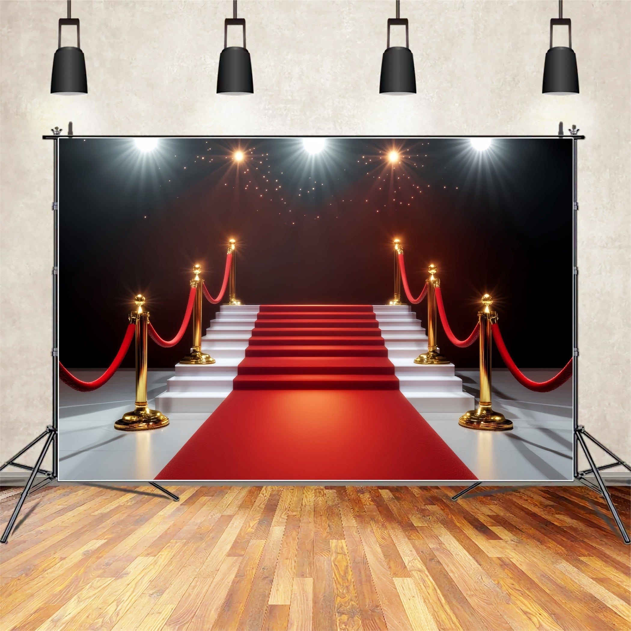 Roter Teppich als Foto Hintergrund Goldene Lichter Glamouröses Treppenhaus Bühnen Foto Hintergrund LXX58-336