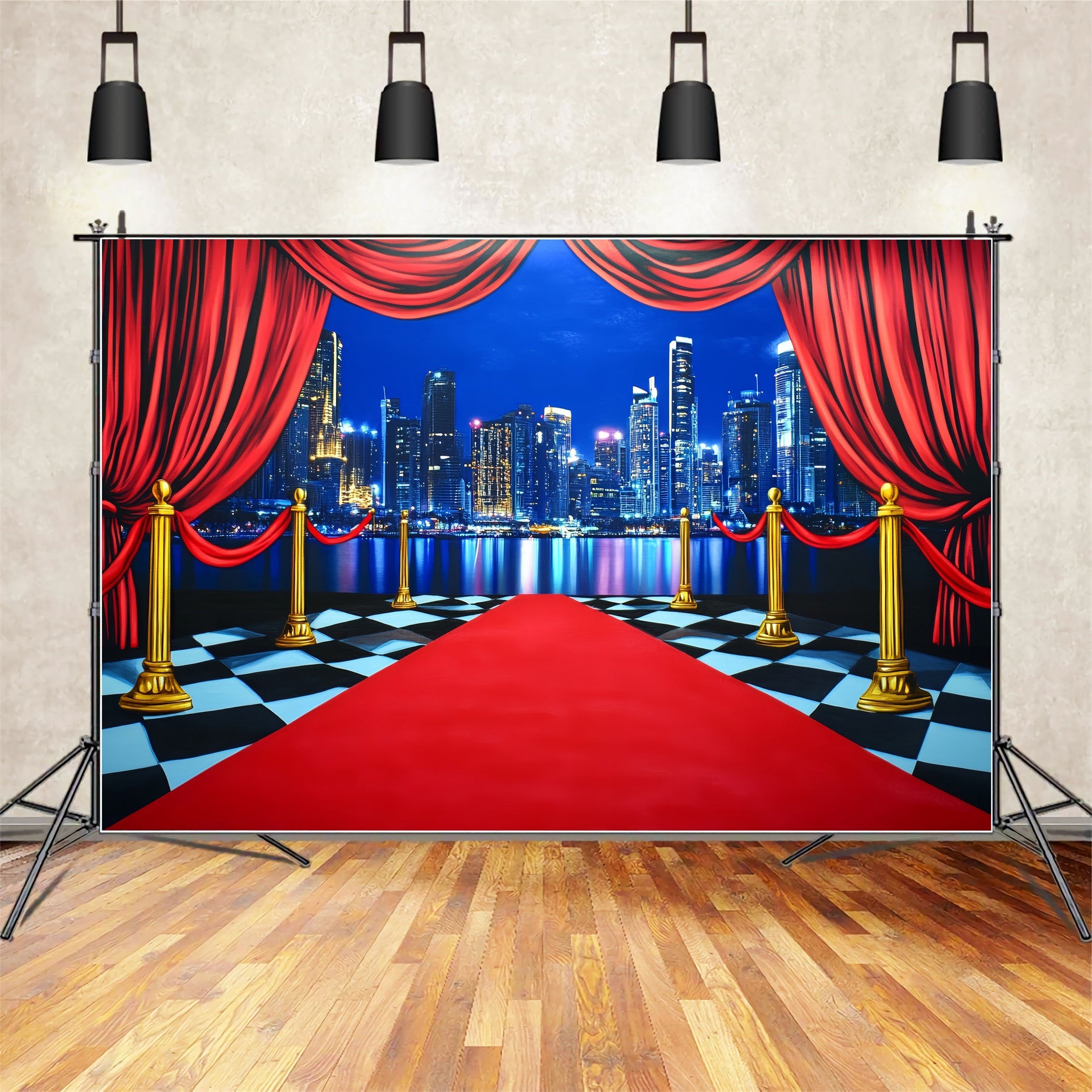 Roter Teppich-Foto Hintergrund Stadt-Skyline Vorhang Eingang Hollywood-Foto Hintergrund LXX58-340