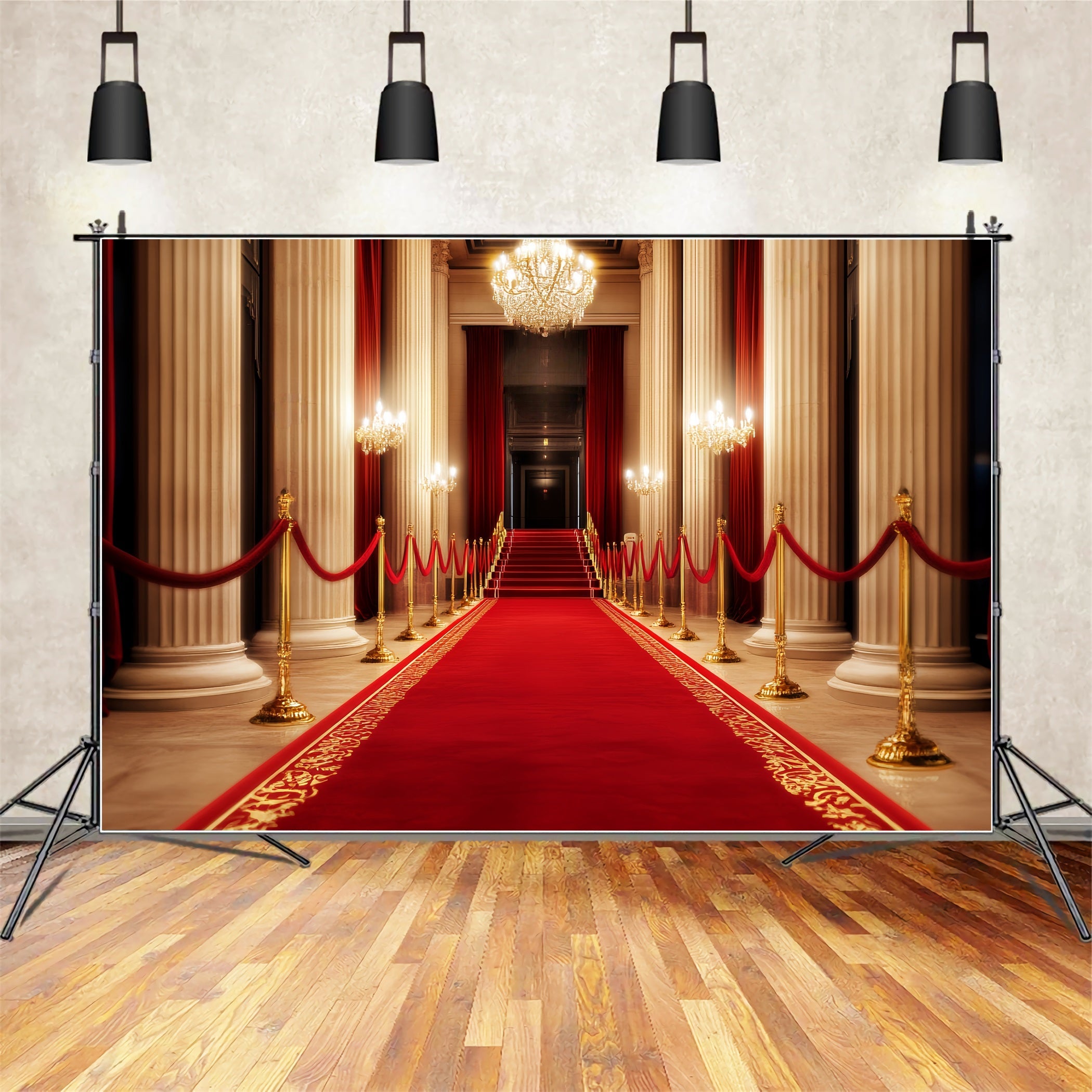 Roter Teppich-Foto Hintergrund Große Halle Kronleuchter Glanz Bühne Foto Hintergrund LXX58-341