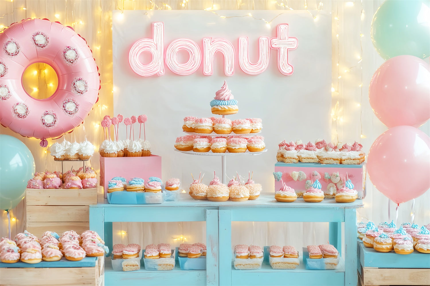 Neugeborenen Fotohintergrund Bunte Donuts Desserttisch Neugeborenen Fotohintergrund LXX58-346
