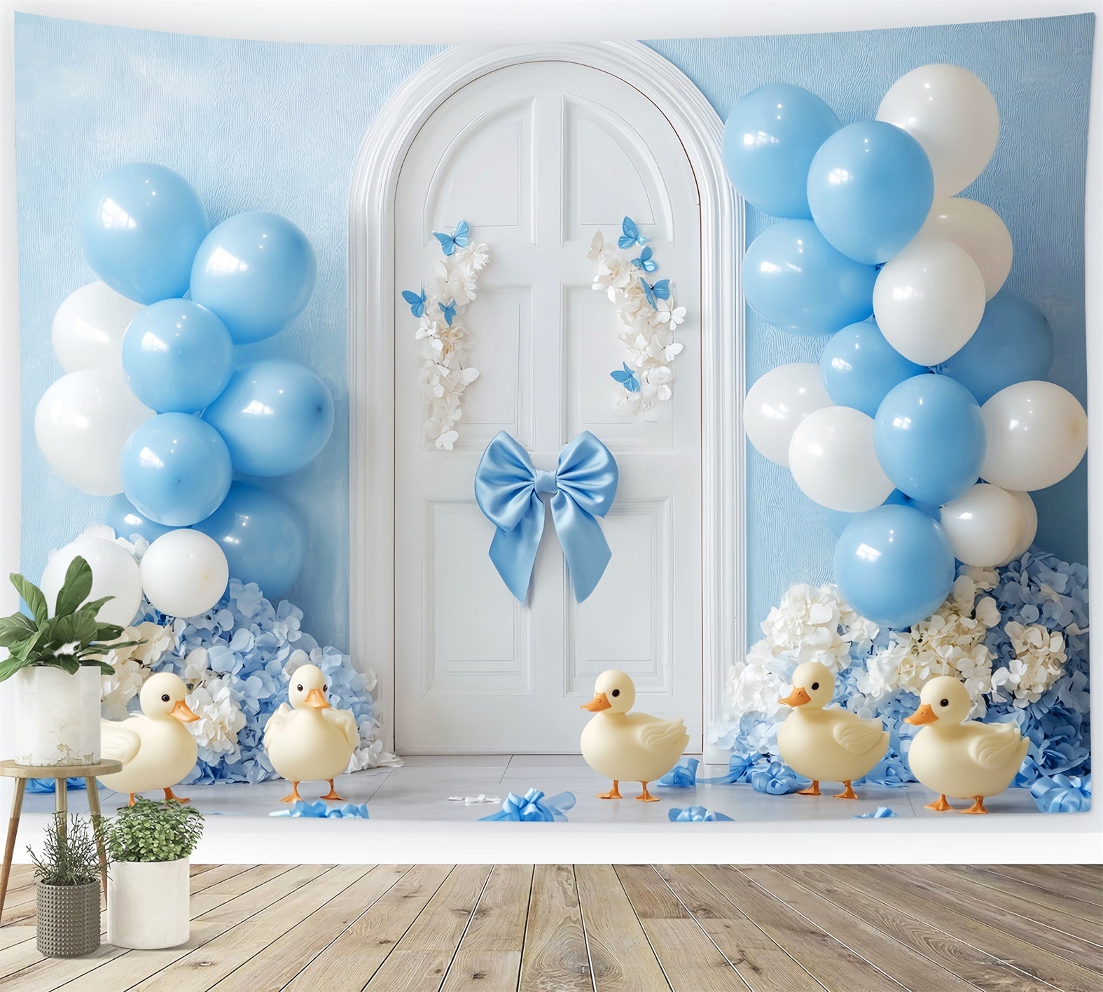 Neugeborenen Fotohintergrund Blaue Luftballons Enten Tür Neugeborenen Fotostudio Hintergründe LXX58-353