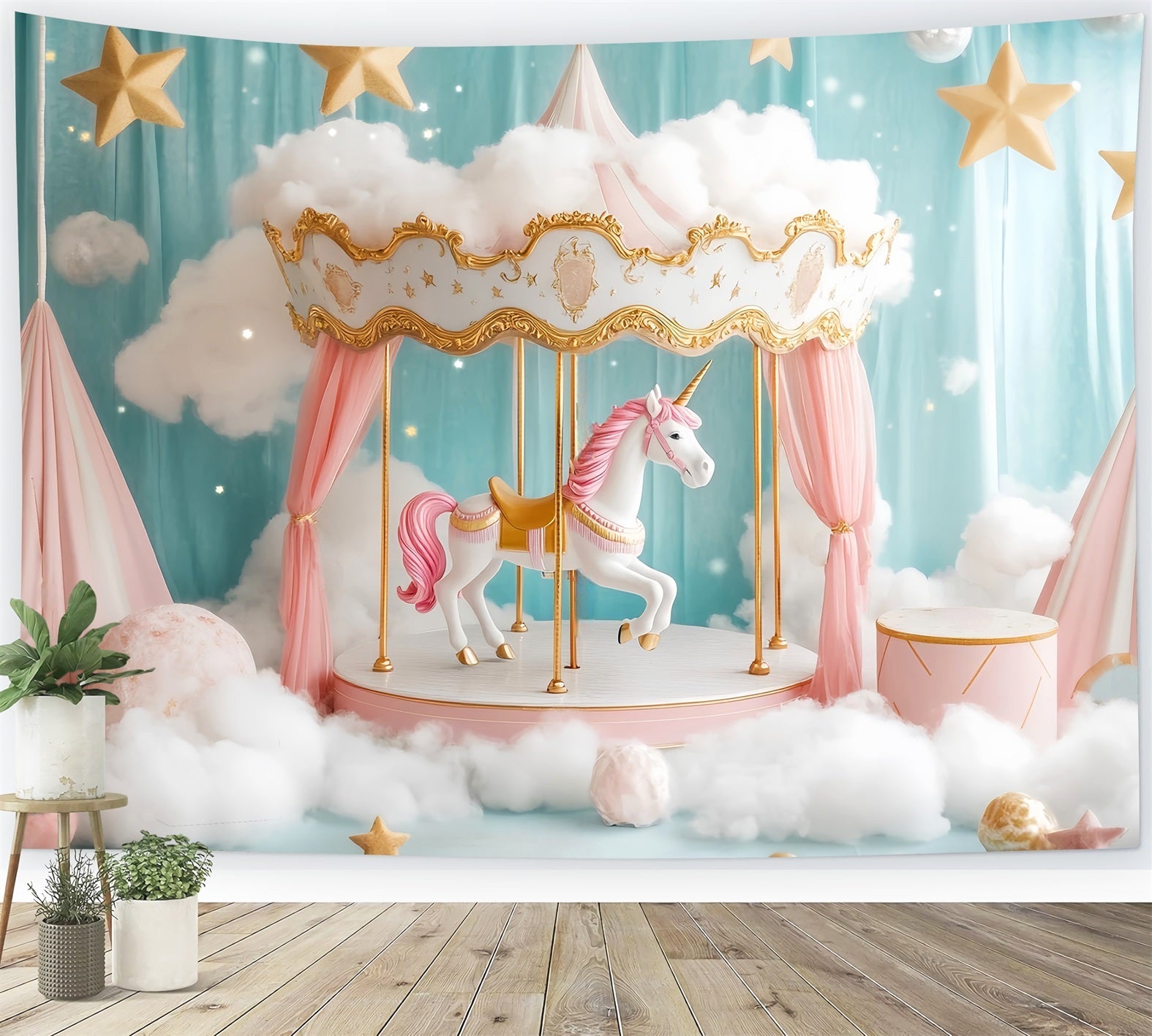 Neugeborenen Fotohintergrund Einhorn Karussell Rosa Wolken Neugeborenen Fotohintergrund LXX58-355