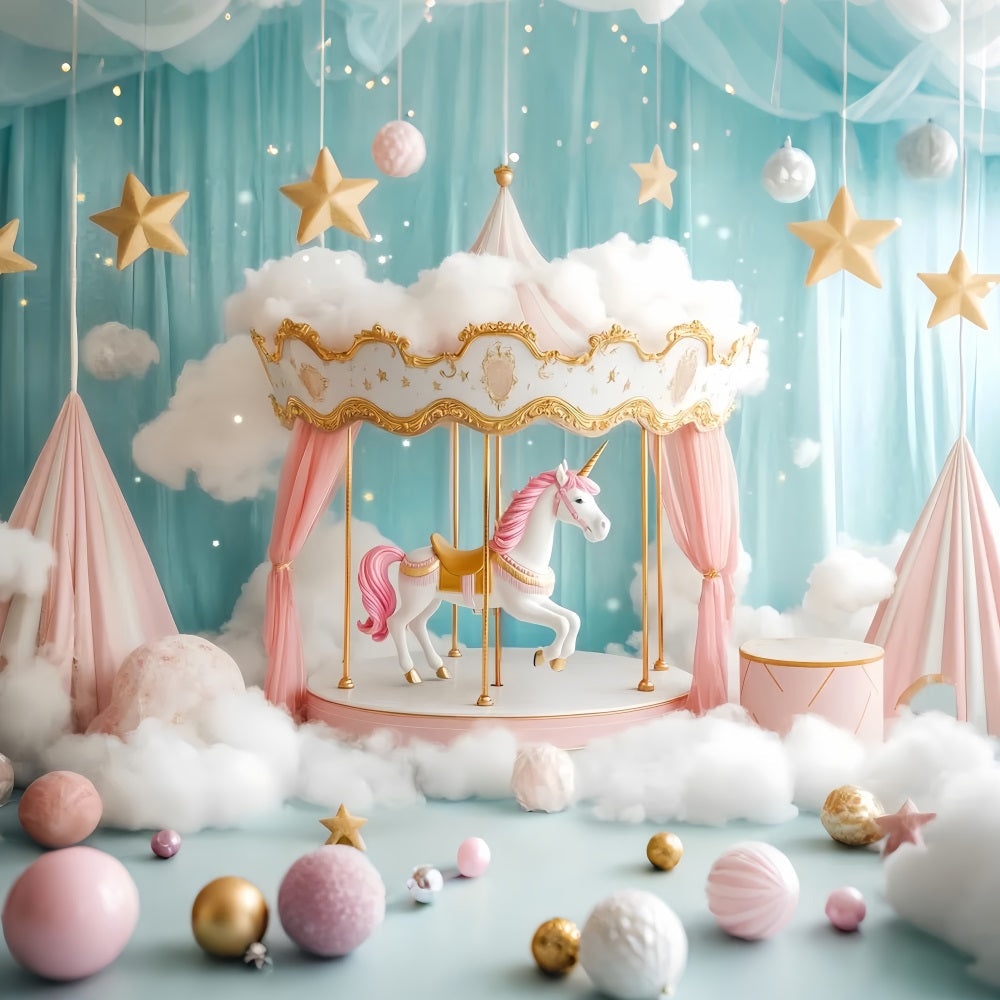 Neugeborenen Fotohintergrund Einhorn Karussell Rosa Wolken Neugeborenen Fotohintergrund LXX58-355