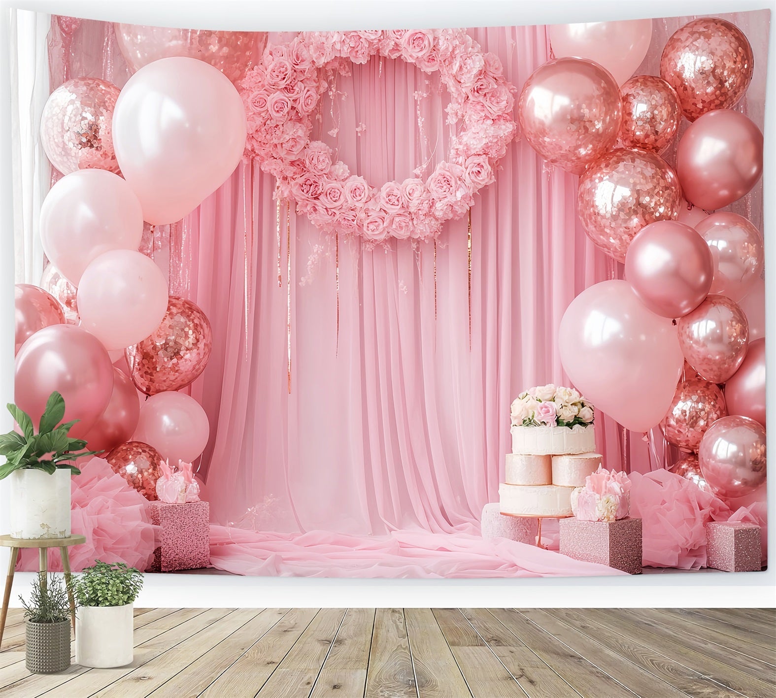 Neugeborenen Fotohintergrund Rosa Rosen Ballons Kranz Neugeborenen Fotoshooting Fotohintergrund LXX58-356