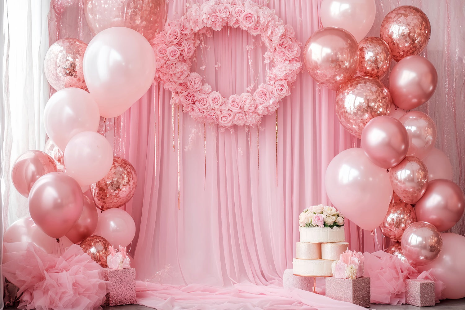 Neugeborenen Fotohintergrund Rosa Rosen Ballons Kranz Neugeborenen Fotoshooting Fotohintergrund LXX58-356