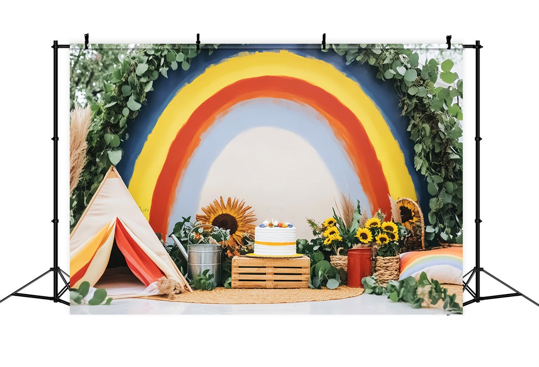 Neugeborenen Fotohintergrund Regenbogenkuchen Sonnenblumen Dekor Kinder-Fotohintergrund LXX58-358