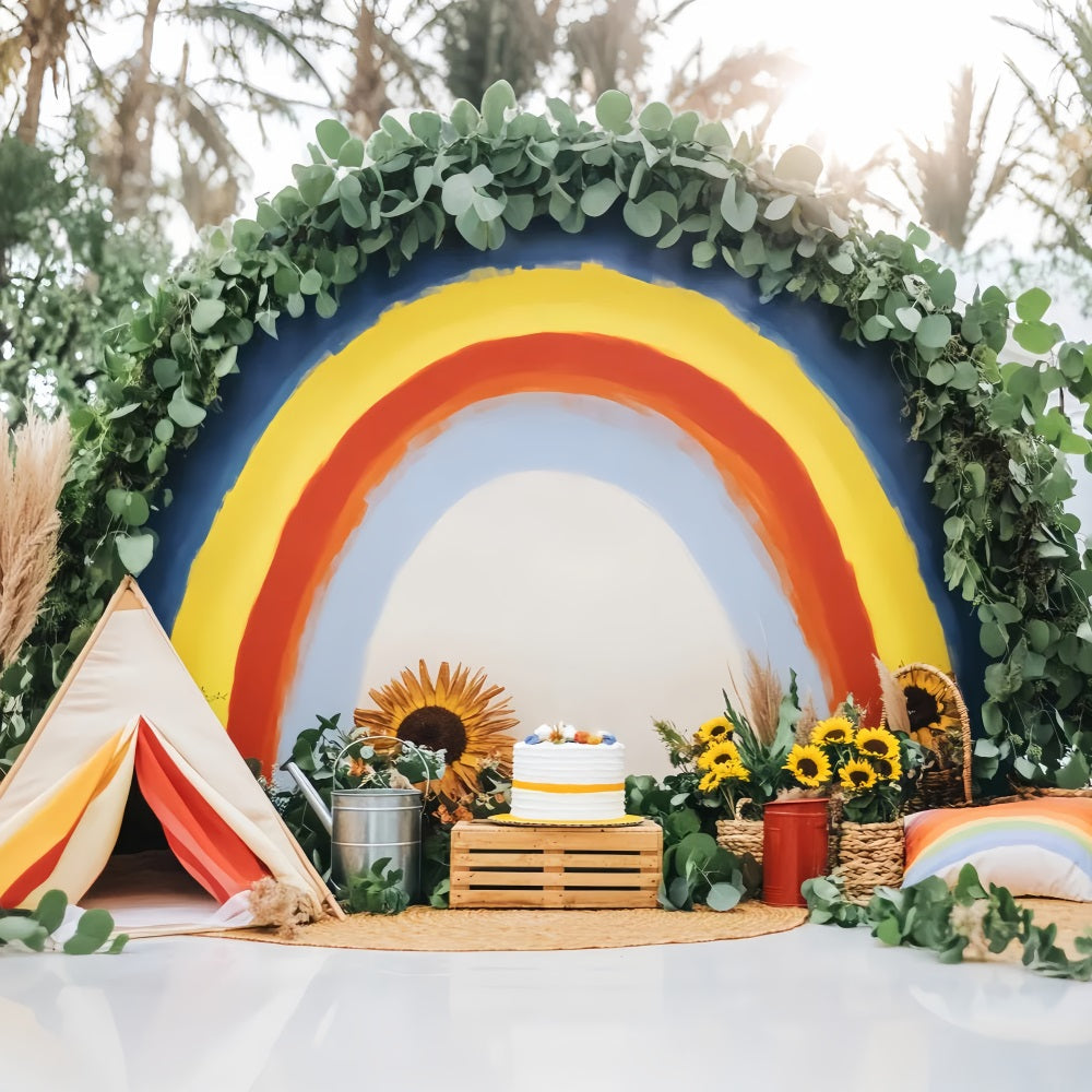 Neugeborenen Fotohintergrund Regenbogenkuchen Sonnenblumen Dekor Kinder-Fotohintergrund LXX58-358