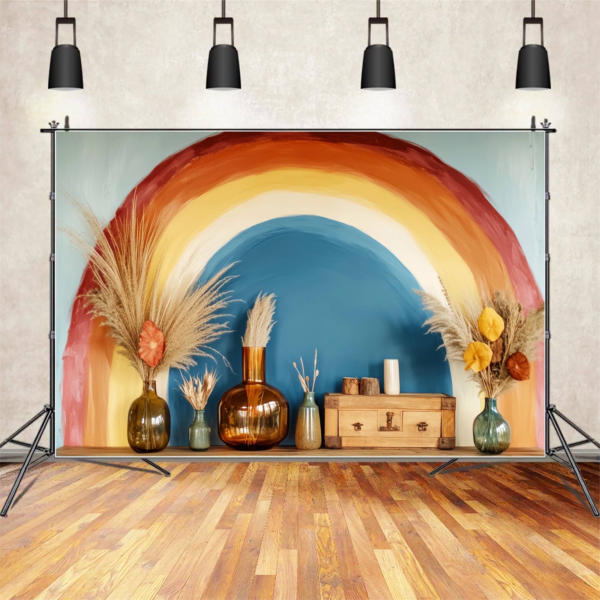 Regenbogen Fotohintergrund Boho Regenbogen-Vasenarrangement Neugeborenen Studio Hintergründe LXX58-364