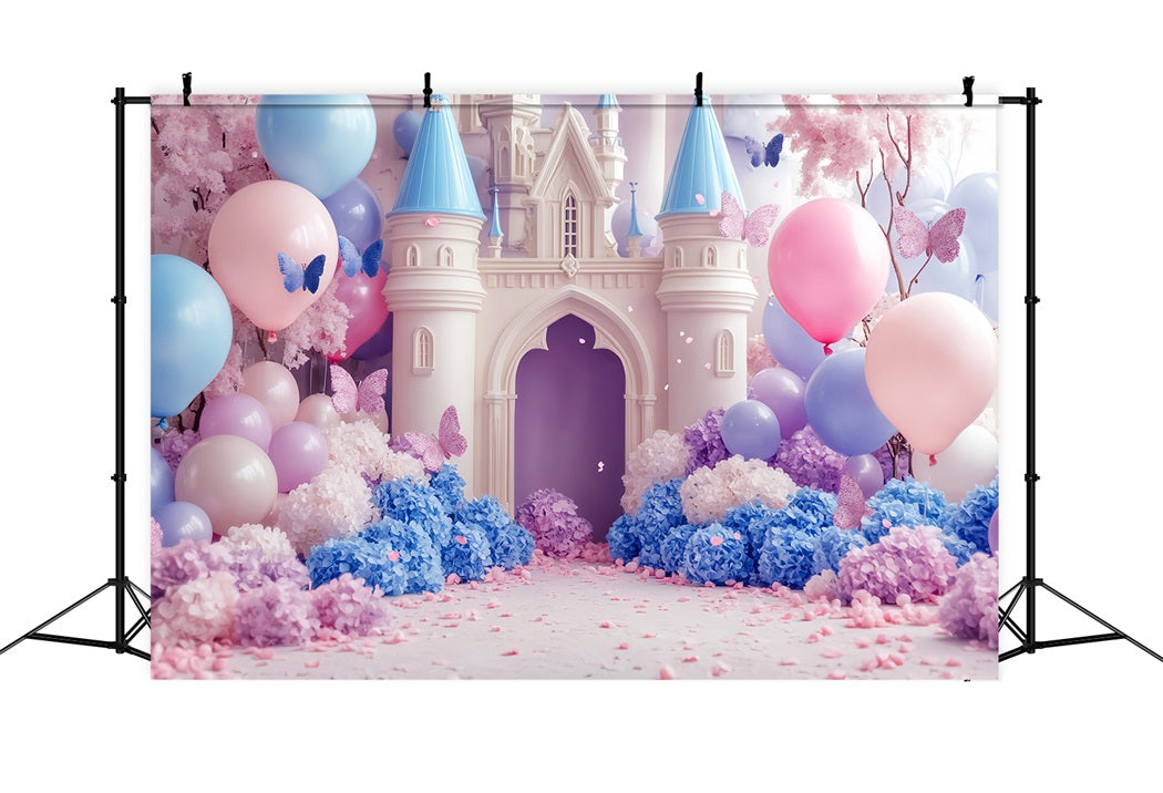Schloss Fotohintergrund Pastellfarbenes Schloss Schmetterlingsballons Neugeborenen Fotografie Hintergrund LXX58-366