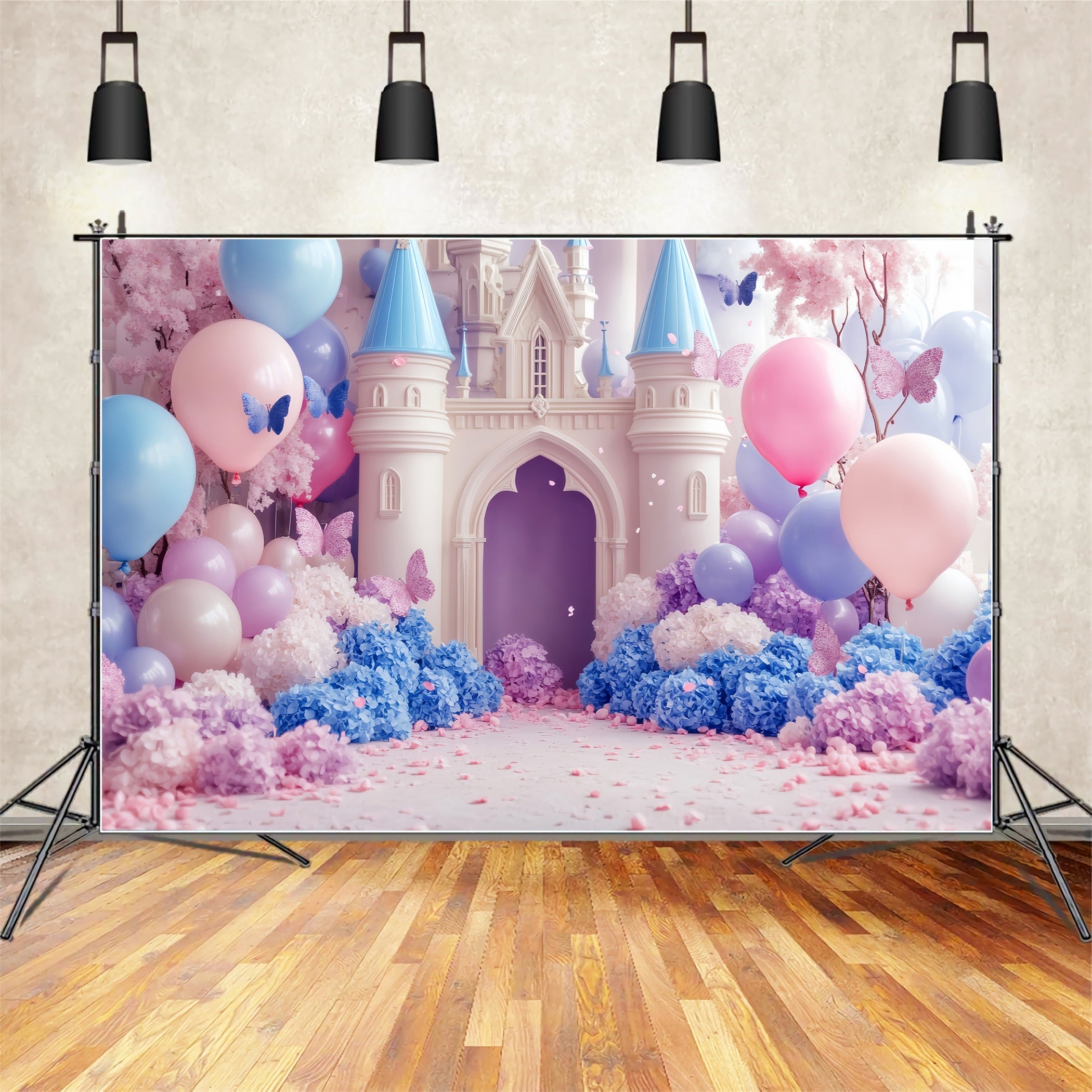 Schloss Fotohintergrund Pastellfarbenes Schloss Schmetterlingsballons Neugeborenen Fotografie Hintergrund LXX58-366
