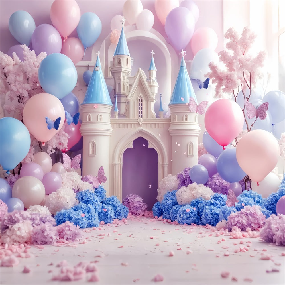 Schloss Fotohintergrund Pastellfarbenes Schloss Schmetterlingsballons Neugeborenen Fotografie Hintergrund LXX58-366