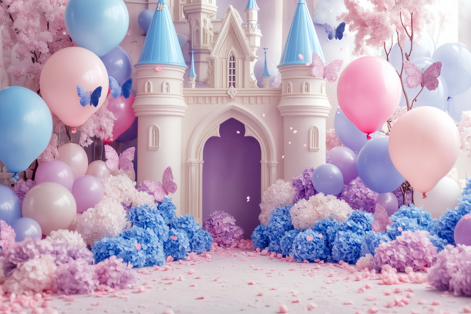 Schloss Fotohintergrund Pastellfarbenes Schloss Schmetterlingsballons Neugeborenen Fotografie Hintergrund LXX58-366