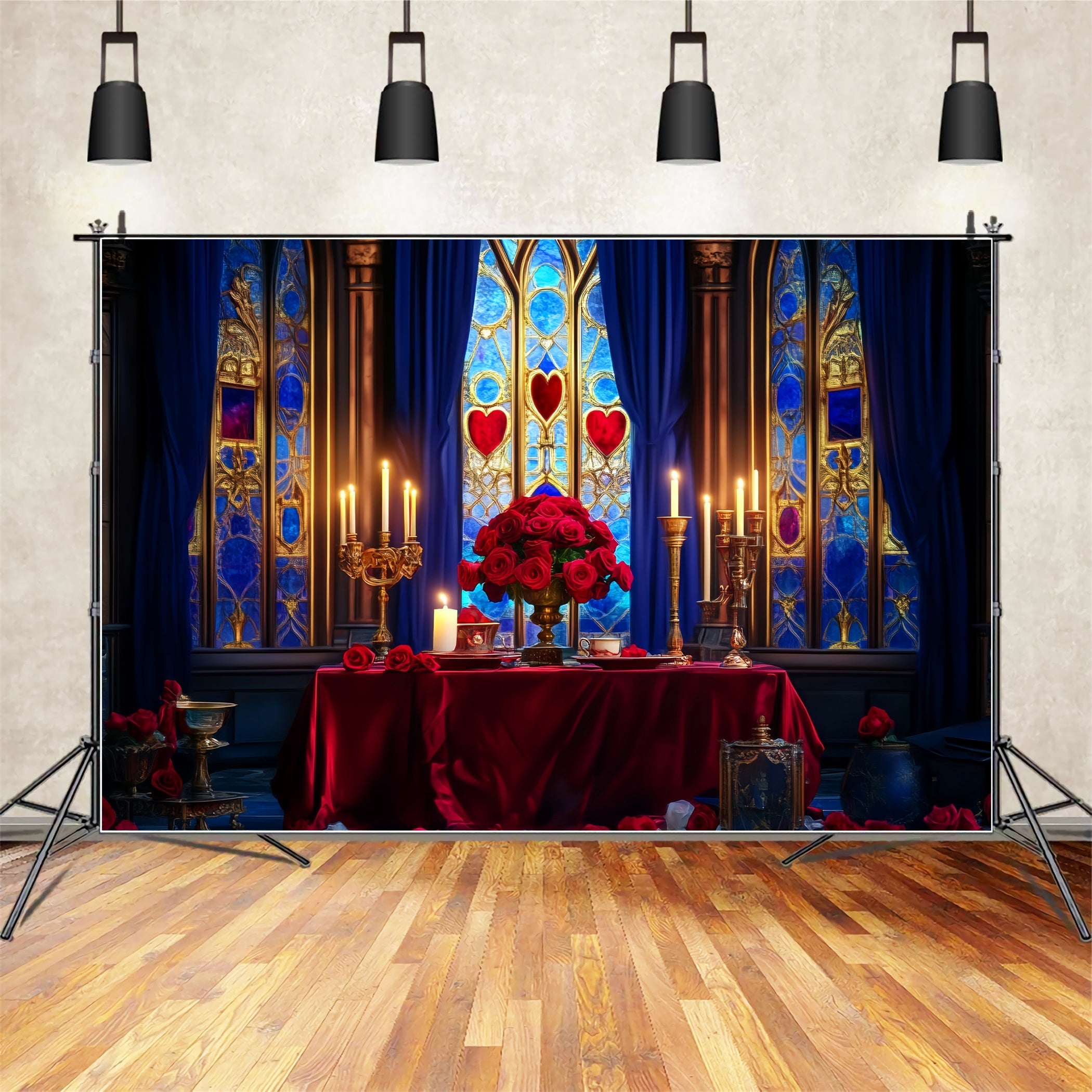 Schloss Fotohintergrund Romantischer Tisch mit Kerzenlicht und Rosen Kinder-Fotohintergrund LXX58-370