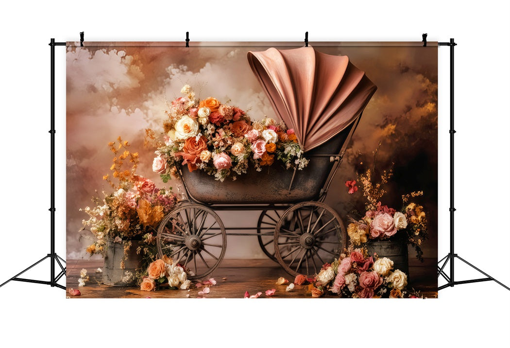 Neugeborenen Herbst Fotohintergrund Vintage-Kinderwagen Blühende Blumen Neugeborenen Fotohintergrund LXX58-376
