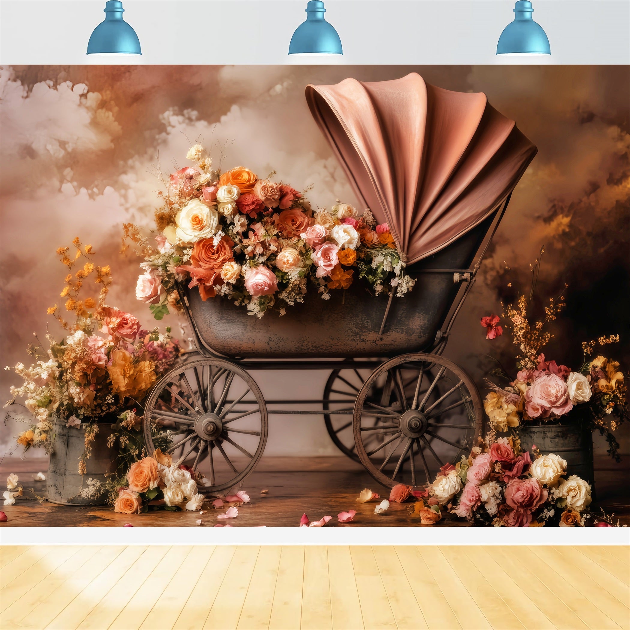 Neugeborenen Herbst Fotohintergrund Vintage-Kinderwagen Blühende Blumen Neugeborenen Fotohintergrund LXX58-376