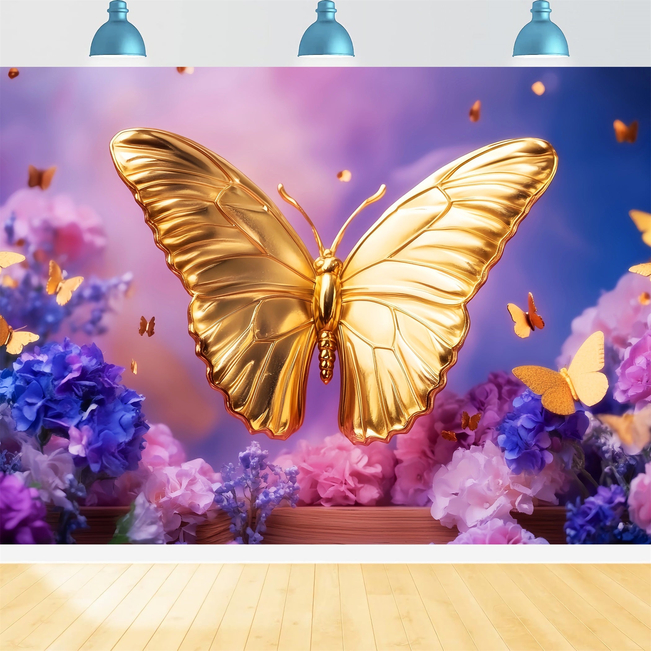 Schmetterling Fotohintergrund Goldener Schmetterling Blumen-Fantasie Neugeborenen Fotohintergrund LXX58-379