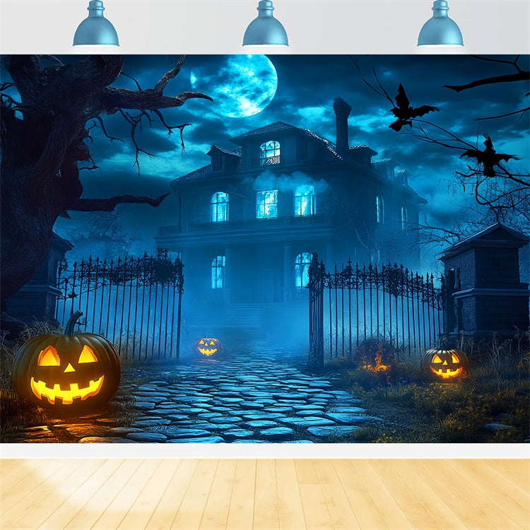 Spukhaus Hintergrundkulisse Gespenstisches mondbeschienenes Herrenhaus Foto Hintergrund LXX58-38