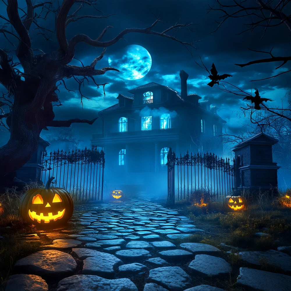 Spukhaus Hintergrundkulisse Gespenstisches mondbeschienenes Herrenhaus Foto Hintergrund LXX58-38