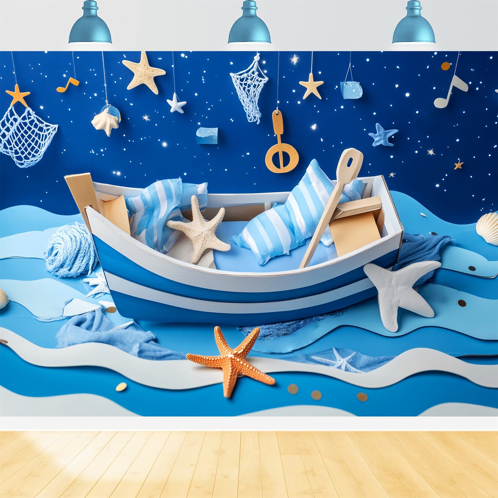 Neugeborenen Fotohintergrund Blaues Boot Seestern Nacht KinderFotohintergrund LXX58-382