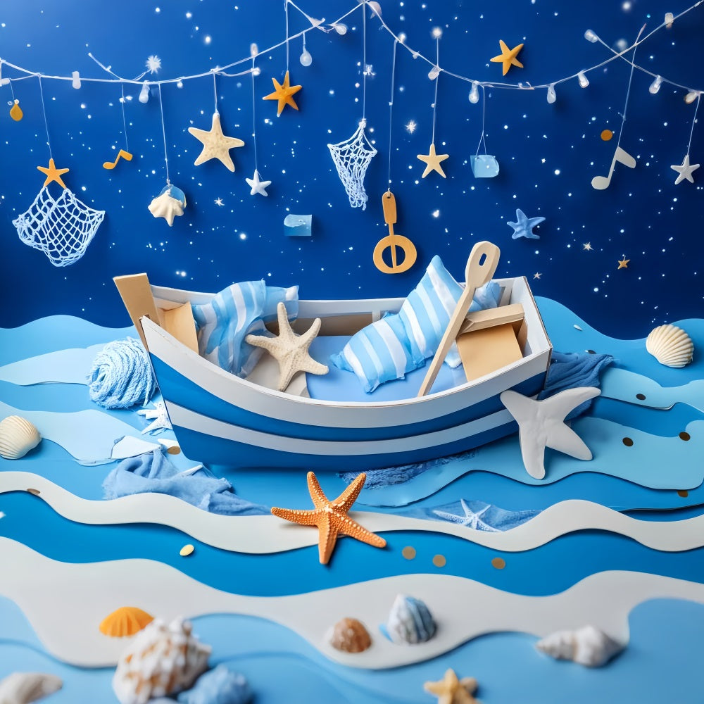 Neugeborenen Fotohintergrund Blaues Boot Seestern Nacht KinderFotohintergrund LXX58-382