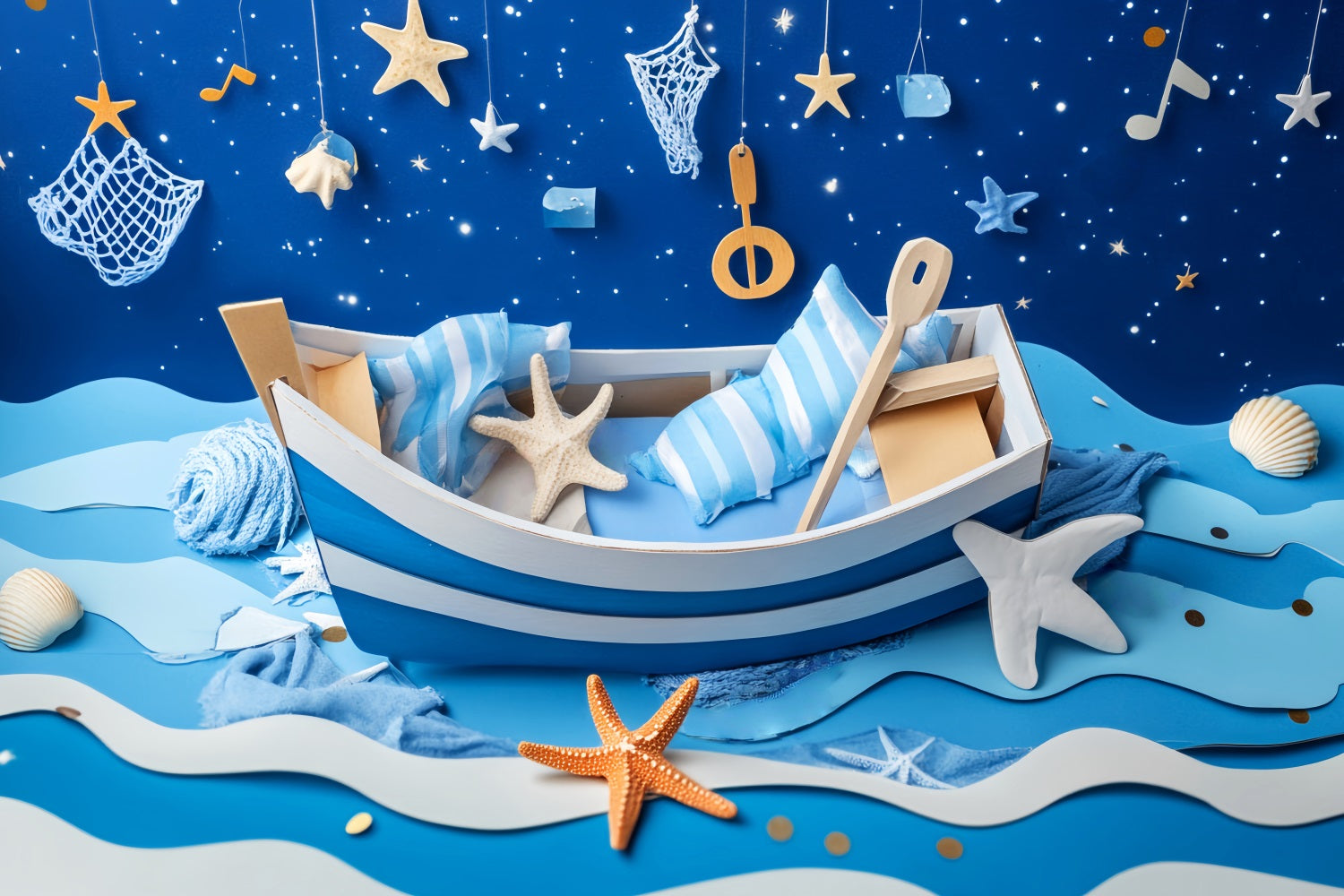 Neugeborenen Fotohintergrund Blaues Boot Seestern Nacht KinderFotohintergrund LXX58-382