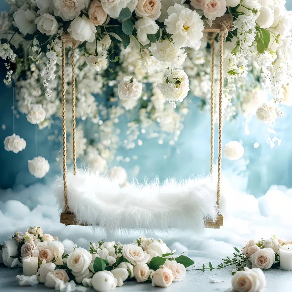 Neugeborenen Fotohintergrund Weiße Blüte Schaukel Flauschiger Sitz Neugeborenen Fotohintergrund LXX58-384