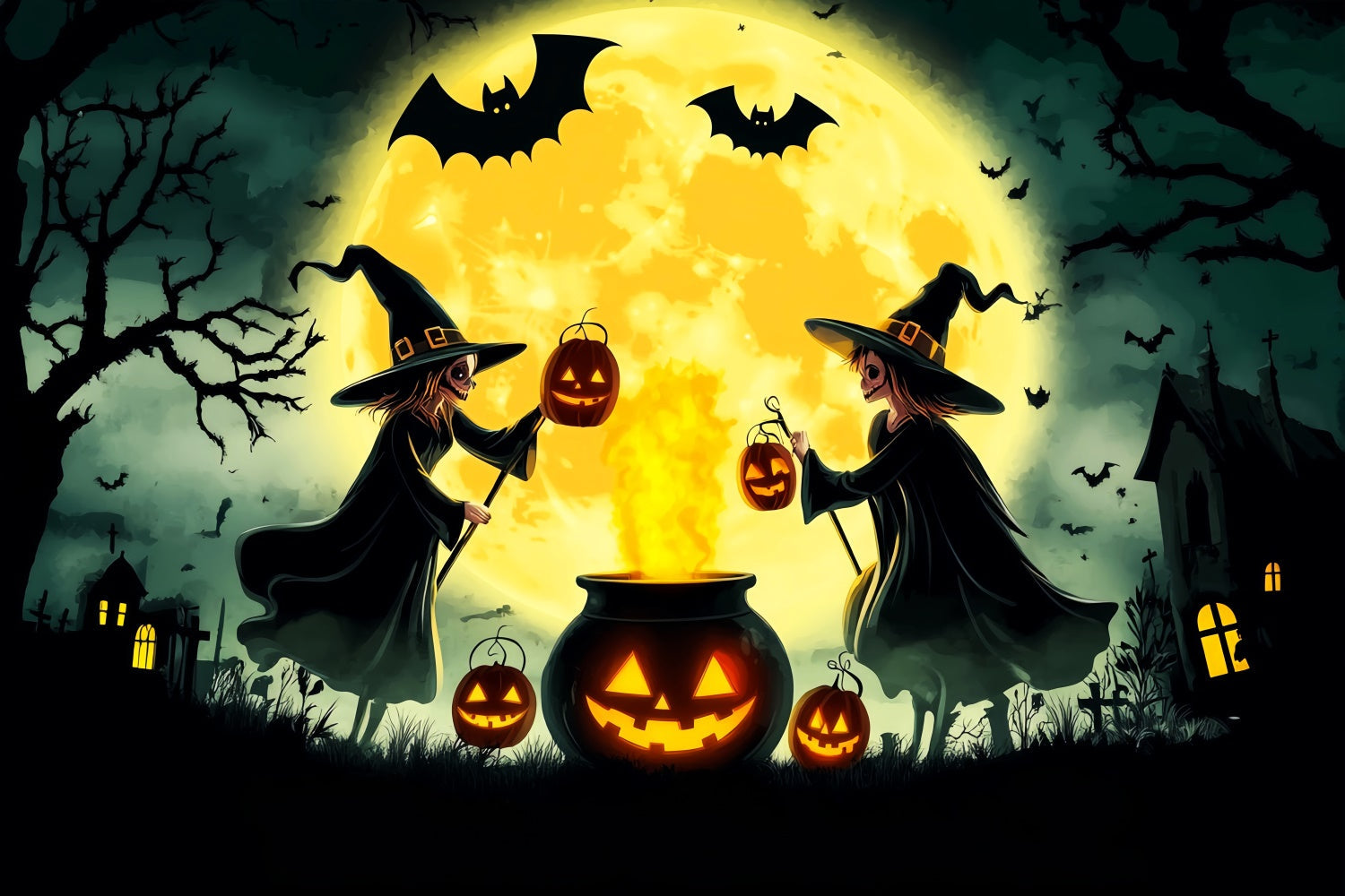 Garagentor Halloween Kulisse Mondschein Hexen Foto Hintergrund LXX58-4