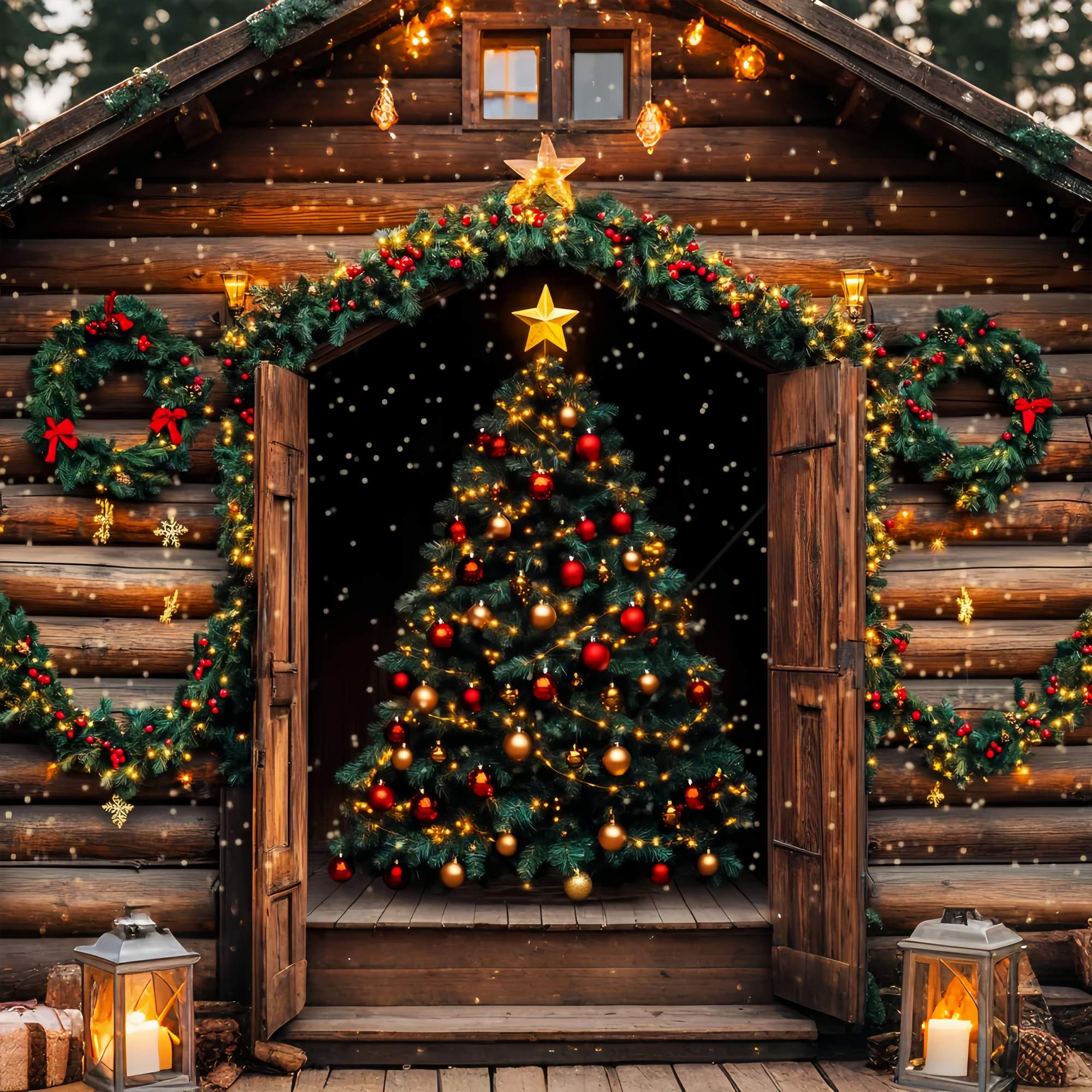 Weihnachtsbaum Backdrop Rustikale Hütte Weihnachtsbaum Glühen Weihnachten Fotohintergrund LXX58-63
